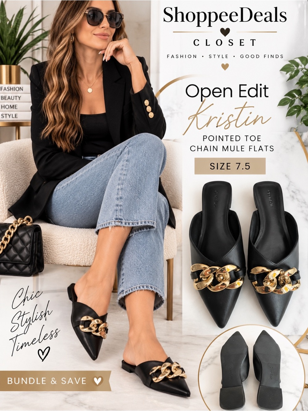 Open Edit Kristin Pointed Toe Chain Mule Flats Size 7.5